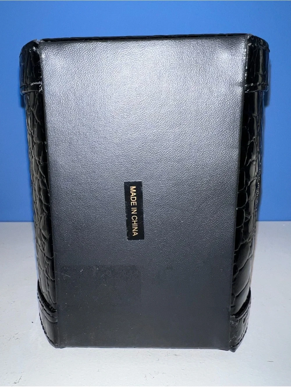 Black Faux-Croc Travel Barrel Jewelry Box with Zebra Lining